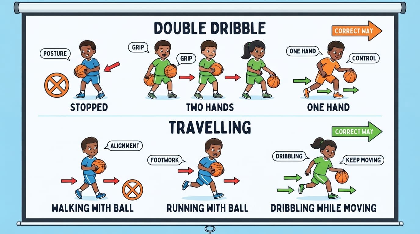 Dribbling and Ball Control: Dribbling Rules: Double Dribble and Travelling (Demonstration and Application) Technique