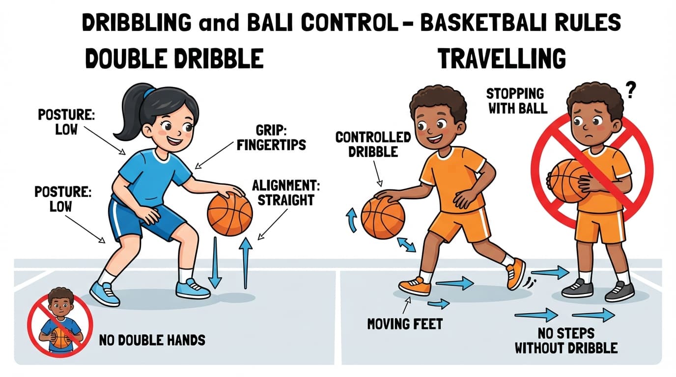 Dribbling and Ball Control: Dribbling Rules: Double Dribble and Travelling (Demonstration and Application) Technique