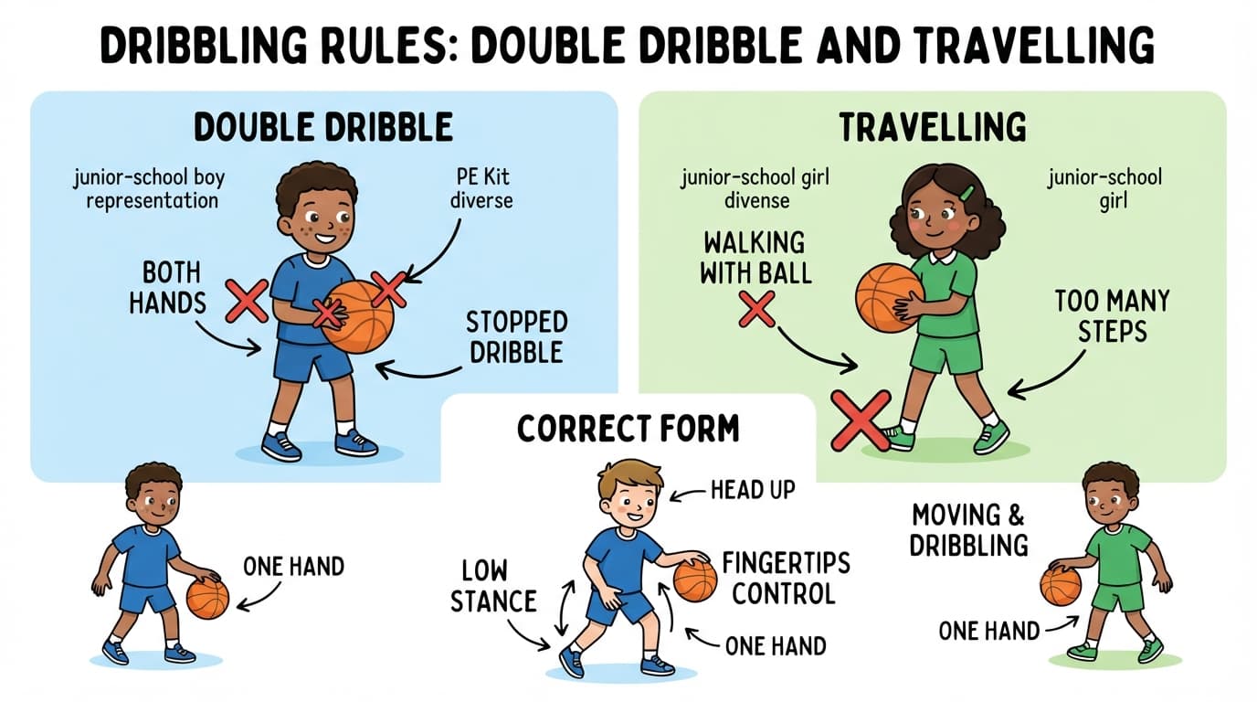 Dribbling and Ball Control: Dribbling Rules: Double Dribble and Travelling (Demonstration and Application) Technique
