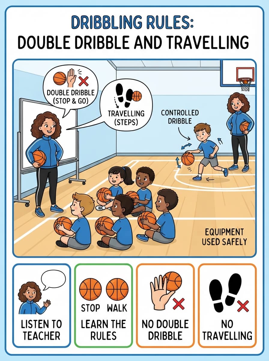 Dribbling and Ball Control: Dribbling Rules: Double Dribble and Travelling (Demonstration and Application) Card